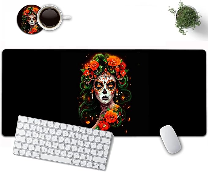 Large Mouse Pad, 31.5 x 11.8in Extended Gaming Mouse Pad with Stitched Edges, XXL Mousepad Protector Non Slip Rubber Base for Office & Home Writing Mat,Colorful Day of The Dead Women Black Desk Mat