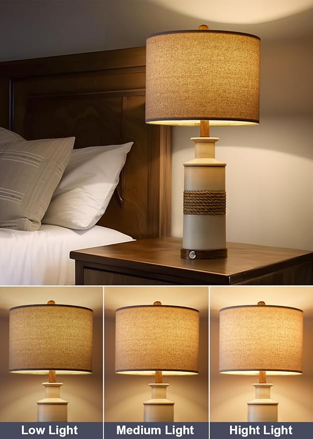 BOBOMOMO 24.5" Farmhouse Boho Table Lamps Set of 2, Hand-Woven Rattan Bedside Lamps with 3-Way Dimmable Touch Control & USB A+C Ports, Nightstand Lamp for Bedroom, Living Room, Corner (Bulbs Included)