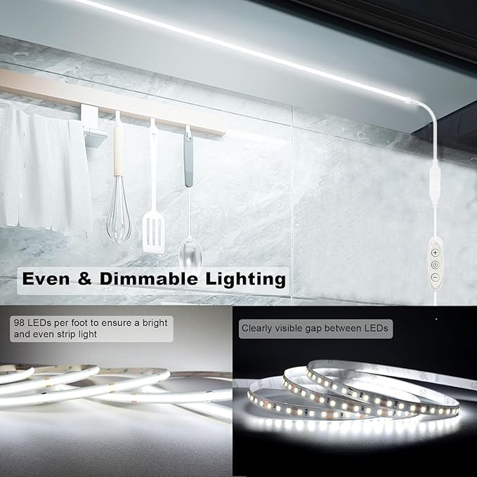 5V COB LED Strip Lights USB Powered Dimmable 6500K White CRI93+ 6 ft Dotless LED Tape Light with Dimmer, Flexible Cuttable COB Strips for Sewing Machine 3D Printer Desk TV DIY Cabinet Lighting
