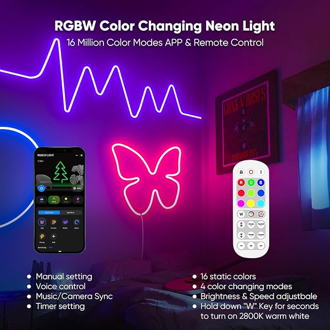 Shine Decor 24V Smart Neon Rope Lights, RGBW Silicone Neon Light Remote APP WiFi Control Music Sync, RGB+Warm White Changing Dimmable LED Neon Strip 16.4FT Flexible Waterproof for Indoor Outdoor
