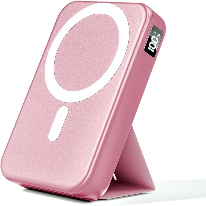 for Magsafe Battery Pack, 10000mAh Wireless Portable Charger with 20W USB-C Fast Charging, Foldable Stand & LED Display Magnetic Power Bank, Compatible with iPhone 16/15/14/13 All Series-Pink