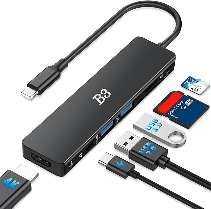 USB C Hub 6-in-1 Multi-Port Adapter with 4K@60Hz HDMI, 100W PD, 2 USB A Data Ports, and SD/TF Card Reader – Aluminum Type-C Hub for MacBook Air/Pro M1/M2, iPhone, Surface Go, XPS, iPad, Black