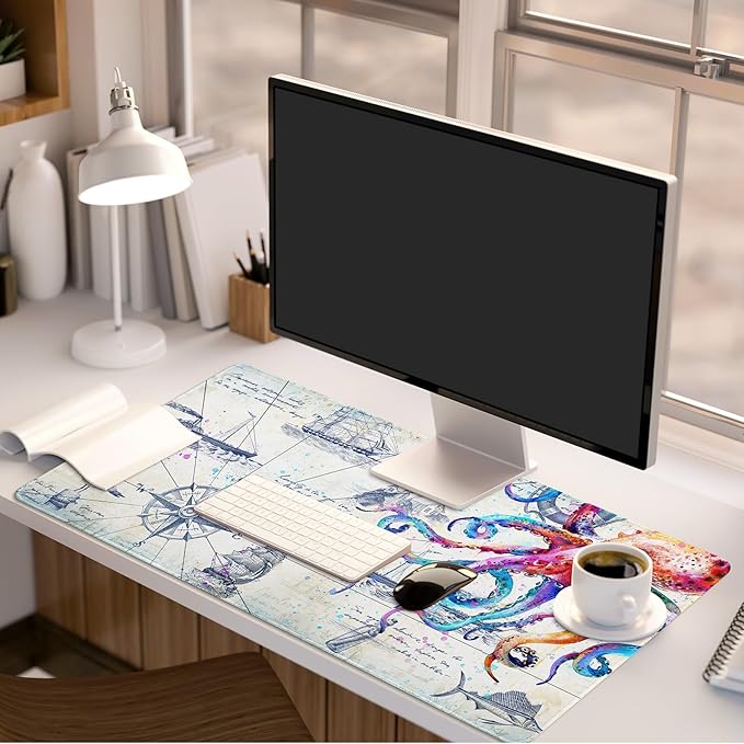 Large Mouse Pad Gaming, Desk Mat for Desktop, Big Mousepad, Grey Desk Pad Computer Desk Mat for Keyboard and Mouse, Cool Octopus Non-Slip Gaming Mouse Pad for Men Boys, 31.5" x 15.7", Gray