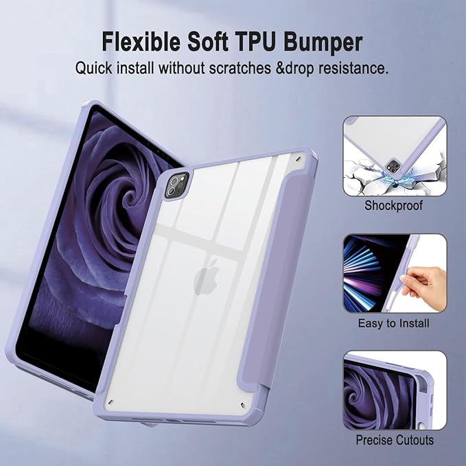 Case for iPad Pro 11 inch 4th / 3rd / 2nd Generation (2022/2021/ 2020), for iPad Pro 11 Case with Pencil Holder, Clear Back Cover for iPad Pro 11, Auto Sleep/Wake, Purple
