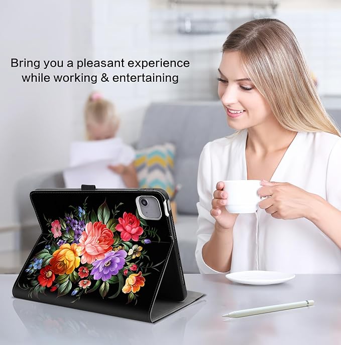 Lokigo Case for iPad Air 13" M4/M3/M2 (2026/2025/2024), iPad Pro 12.9" 6th/5th/4th/3rd Gen with Pencil Holder/Hand Strap/Pocket, Support Touch ID, Shockproof Soft Back Stand Cover, Black Flowers