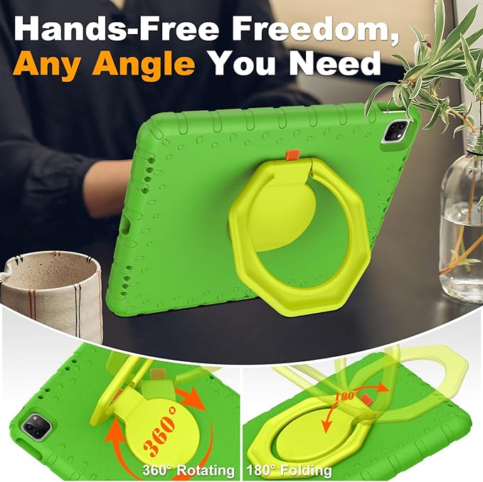 for iPad Pro 12.9 Case 6th/5th/4th/3rd Generation with 360° Rotating Stand & Pencil Holder, Heavy Duty Cute Cover for iPad Pro 12.9 inch 2022/2021/2020/2018, Green