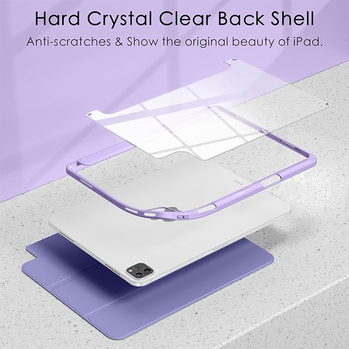 Soke Case for iPad Pro 12.9 Inch (6th/5th/4th/3rd Generation, 2022/2021/2020/2018) - Pencil Holder + Auto Sleep/Wake + Camera Protection, Transparent Shockproof Back Cover, Lavender Purple