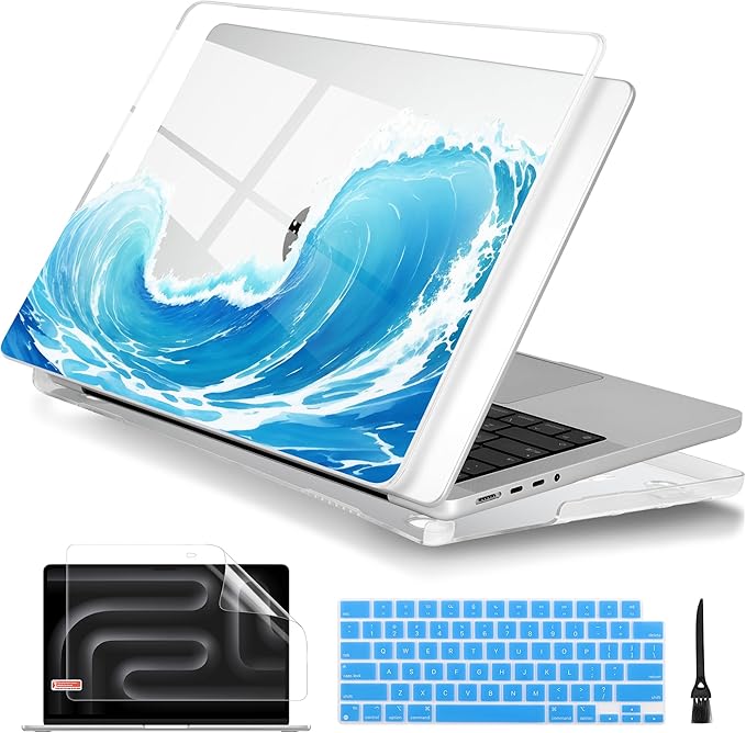 Batianda for MacBook Pro 14 Inch Case 2026-2021 Release M5 M4 M3 M2 M1 Pro/Max, 1.2mm Slim Graphic Hard Shell Cover with Keyboard Cover, Screen Protector 4-in-1 Bundle, Blue Waves