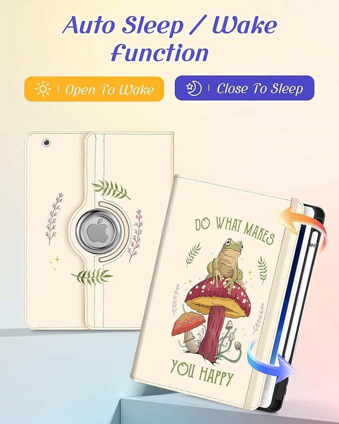 Kidcube for iPad 9th/8th/7th Generation Case 10.2 Inch - for Women Girls Kids Cute Rotating Stand Folio Cover with Pencil Holder & Card Slot Cool Frog Mushroom Design for iPad 9th/8th/7th Gen Cases