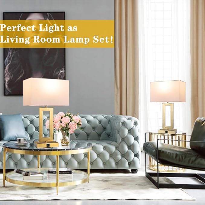 BrightWe 22’’ Set of 2 Touch Control Table Lamps w. 2 USB Ports, 3-Way Dimmable Bedroom Bedside Nightstand Touch Lamps, Modern Gold&White Lamps for Living Room End Table, LED Bulbs Included