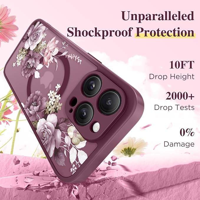GVIEWIN for iPhone 16 Pro Max Case Compatible with MagSafe, [Military Grade Protection] [Screen Protector] Full Camera Protection Floral Translucent Women Magnetic Phone Case, Cherry Blossoms/Burgundy