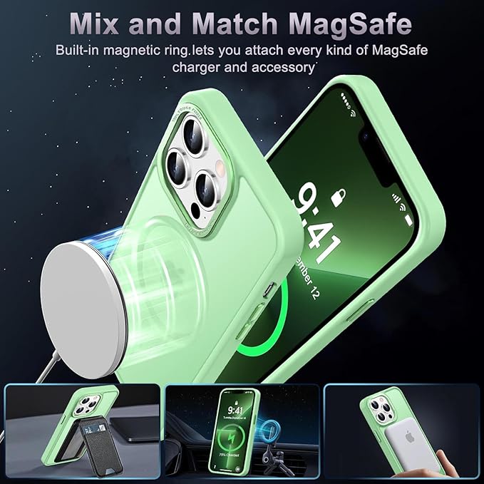 Newfuture Designed for iPhone 13 Pro Max Case with Magnetic [13 FT Military Drop Protection] [Compatible with Magsafe] Slim Translucent Matte Shockproof with Anti-Fingerprint Phone Case, Matcha Green