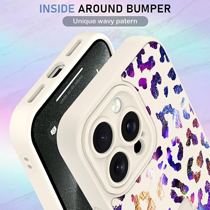 KANGHAR Compatible with iPhone 15 Pro Case, Support for MagSafe, Silicone Cute Iridescent Leopard Cheetah Pattern, Wristband Kickstand Shockproof Protective Slim Cover for Women Girls, White