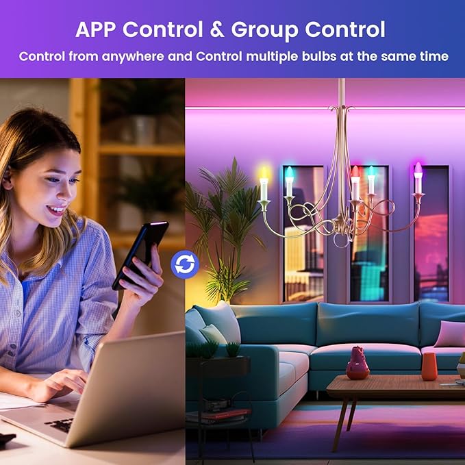 OHLUX Smart Candelabra LED Light Bulbs, 3.5W E12 Base, Compatible with Alexa Google Assistant, Color Changing Bulbs with 16 Million Colors, 2.4GHz WiFi, 4 Pack