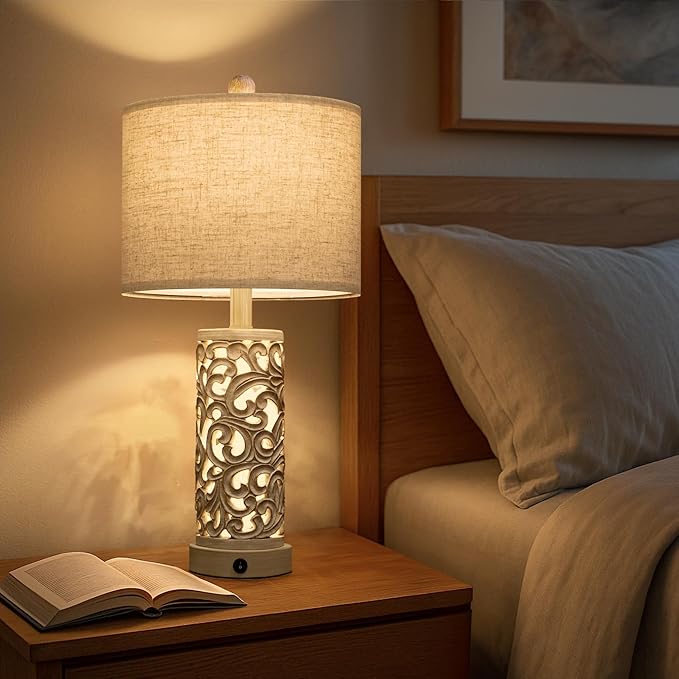 OYEARS 22'' Farmhouse Table Lamp for Living Room, Bedside Lamp with 2 USB Ports for Bedroom, Rustic Nightstand Lamp with Linen Lampshade for Office Hallway Home Decor, Distressed Grey (Bulb Included)