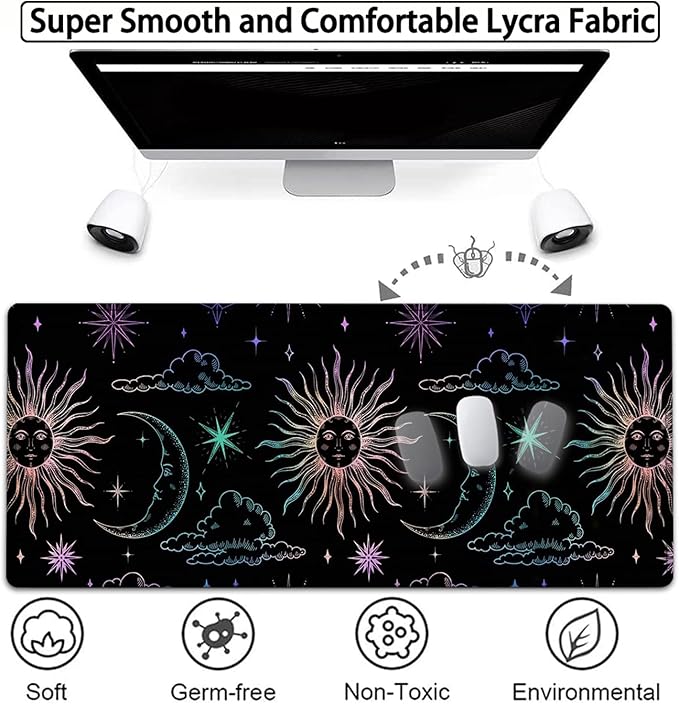 Large Gaming Mouse Pad, 31.5x11.8 in Extended Computer Mouse Mat with Non-Slip PU Base, Ergonomic Memory Foam Keyboard Wrist Rest, for Work & Gaming, Cute Sun Moon Black Office Desk Pad