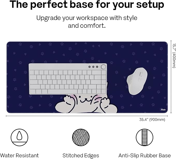 Pixio Mouse Pads - 36 x 16 inch XXL Squishy Cat Blue Multifunctional Large Desk Mats for Gaming, Office, Desktop Anti-Slip Waterproof Washable Computer Mouse Mat