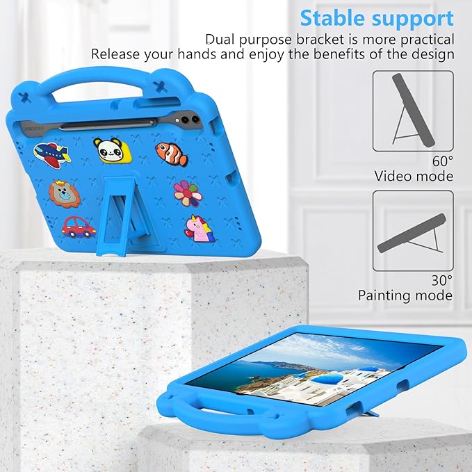 AKABEILA Compatible with Samsung Galaxy Tab S7 FE 12.4(2021)/Tab S7 Plus(2020)/Tab S8 Plus(2022) 12.4/Tab S9 Plus(2023) 12.4 Tablet Case, Stand Handle & Pen Tray for Girl Kid Gift Sky Blue