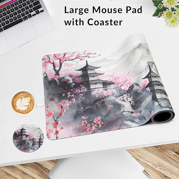 Large Gaming Mouse Pad with Coaster, Desk Matt for Desktop, Desk Pad, Mouse Pads Mat, Stitched Edges Big Extended Mousepad for Computer Keyboard Laptop Office Decor, 31.5'' x15.6''-Japanese Anime