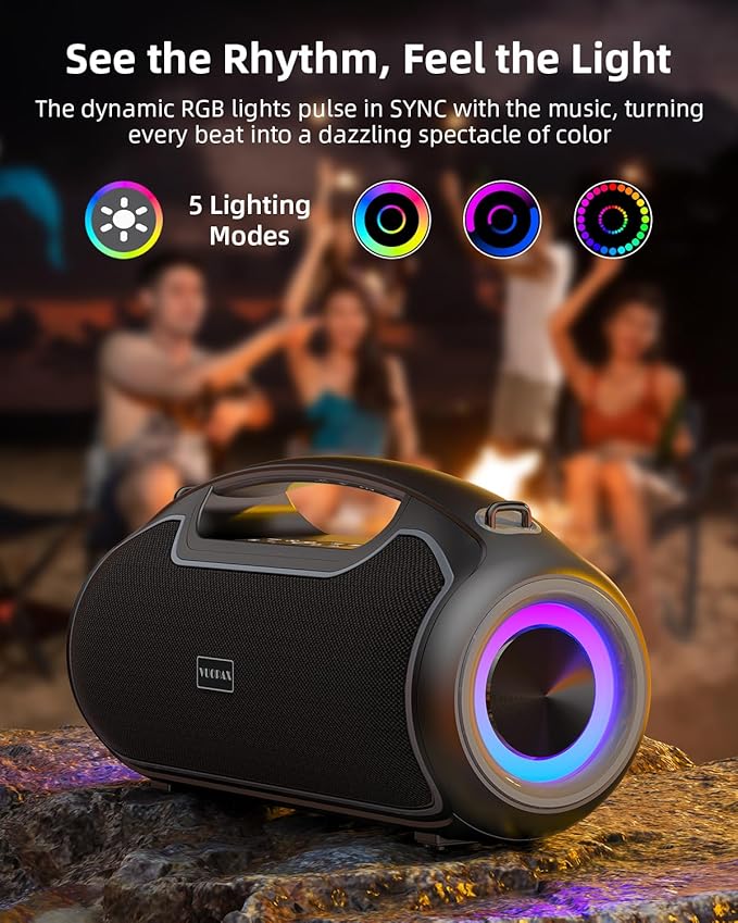 Portable Bluetooth Speakers Wireless, 200W MAX Loud Outdoor Speaker with Deep Bass, IP65 Waterproof, BT5.4, USB-C, RGB Lights, for Party, Camping, Beach, Large Workshop, Garage, 24H Playtime