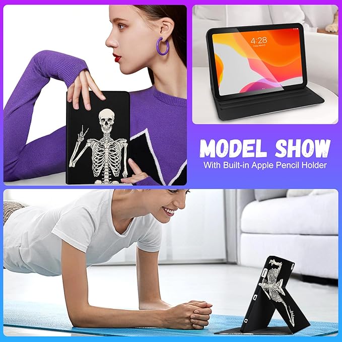 Uppuppy for iPad 5th/6th Generation Case, for Apple iPad Air 1st/2nd Gen, for Pad Pro 9.7 Inch Case Cute Kids Boy Women Teen Girls Folio Fun Funny Skeleton Design Cover for iPad 5/6, Air 1/2, Pro 9.7