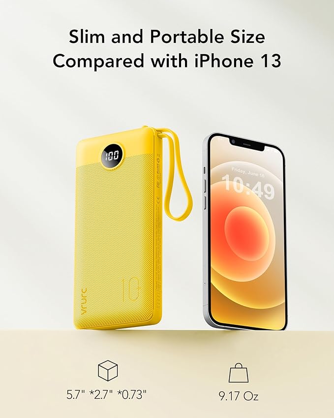VRURC Portable Charger with Built-in Cables, USB C Portable Phone Charger 10000mAh, Lightweight Power Bank with 5 Output 2 Input Compatible with iPhone 17 16 15 13,Samsung,Android etc-Yellow(1 Pack)