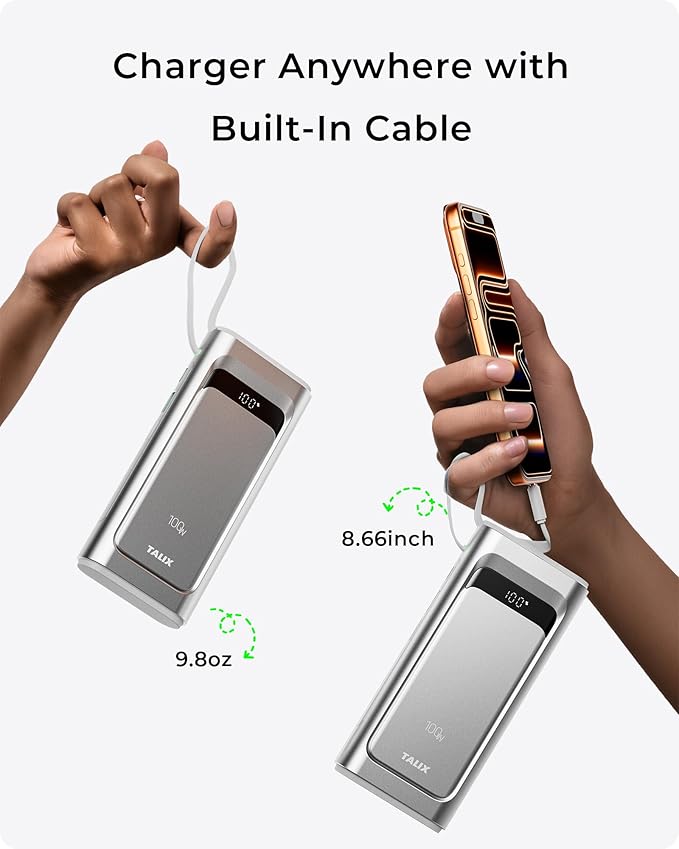 TALIX 100W Laptop Portable Charger,3-Port USB-C Fast Charging Power Bank 10000mAh Battery Pack with Built-in Retractable Cables for MacBook,Computer,Cell Phones,iPhone 17,iPad,Android,Samsung,Silver