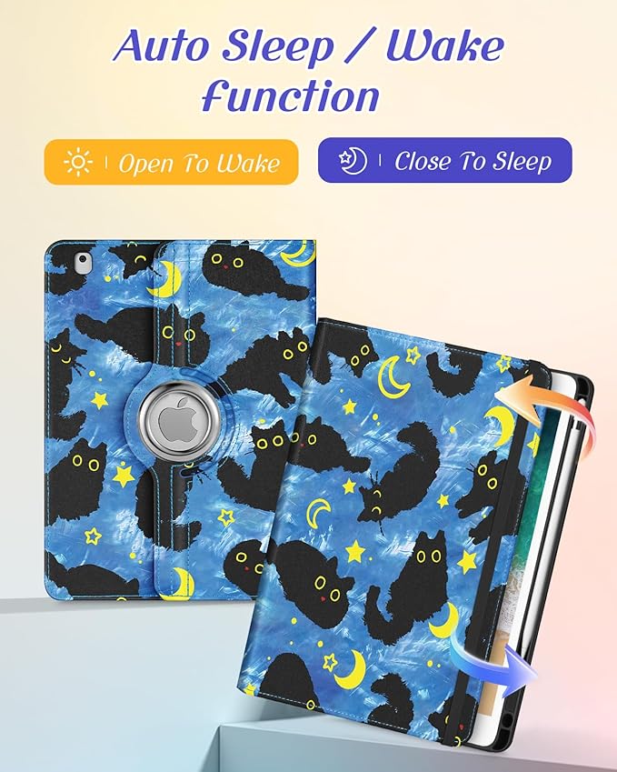Kidcube for iPad 5th Generation Case 2017/Air 1st 2013/Pro 9.7 Inch Case 2016 - Women Girls Kids Cute Rotating Stand Folio Cover with Pencil Holder & Card Slot Girly Cat Stars Blue Teen Design Cover