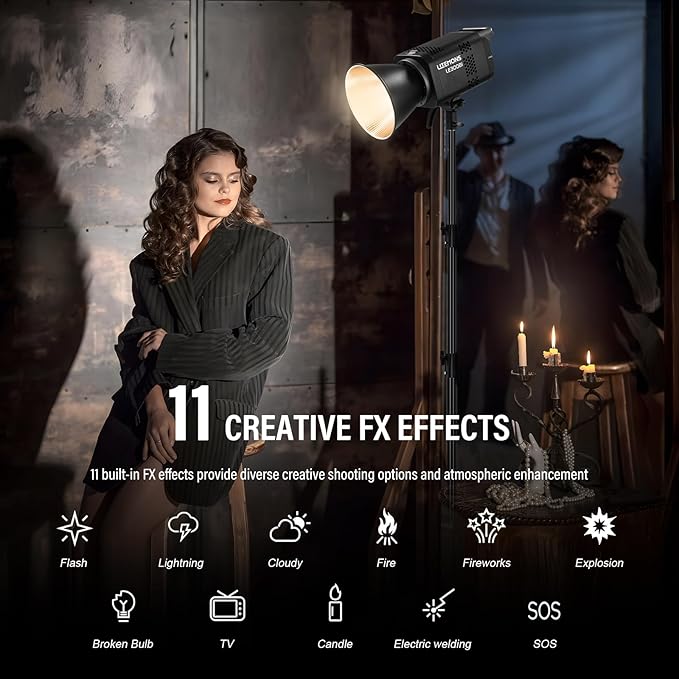 Godox Litemons LE300Bi COB Led Video Light, Godox Bowens Mount 315W Bi-Color Continuous Output Light with DMX/Bluetooth APP Control, NFC Connection, 2800K~6500K, 58900Lux@1m, CRI/TLCI98, 11 Fx Effects