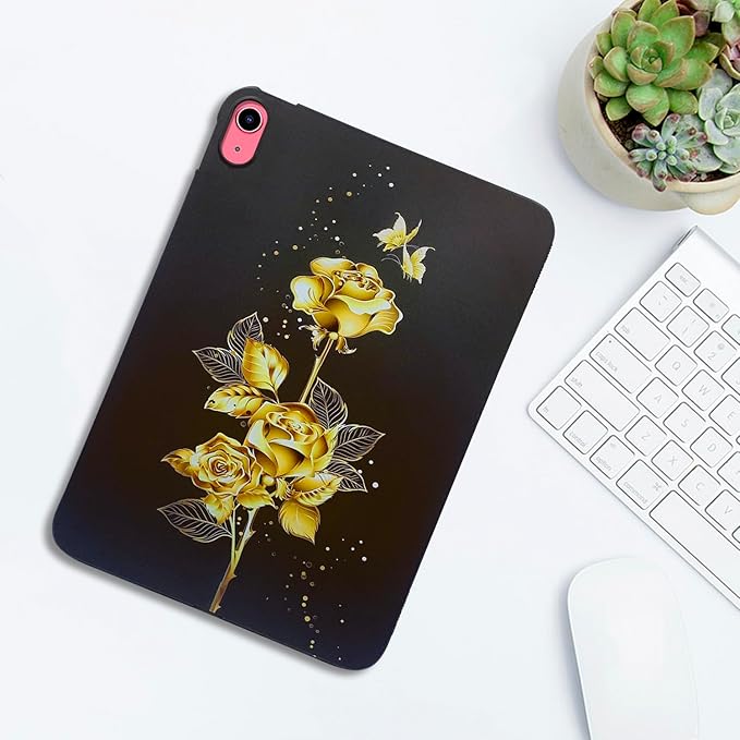 for Apple iPad (A16) 11th Generation Case 11 inch 2025 & iPad 10th Generation Case 10.9 inch 2022, Lightweight Soft TPU Back Shockproof Cover Silicone Bumper Shell, Gold Butterfly Rose