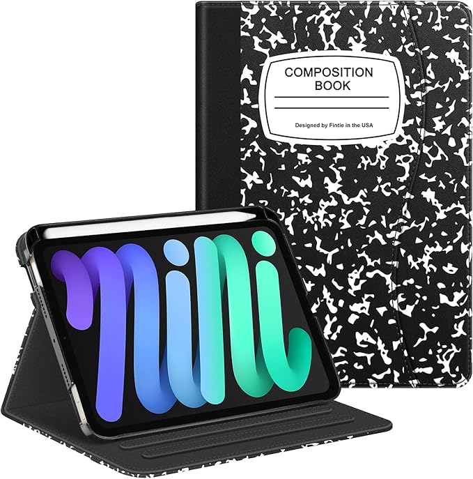 Fintie Folio Case for iPad Mini 7 (A17 Pro, 7th Generation) 2024 / iPad Mini 6 (6th Gen) 8.3 Inch, Multi-Angle Smart Stand Cover with Pencil Holder & Pocket, Auto Sleep/Wake, Composition Book