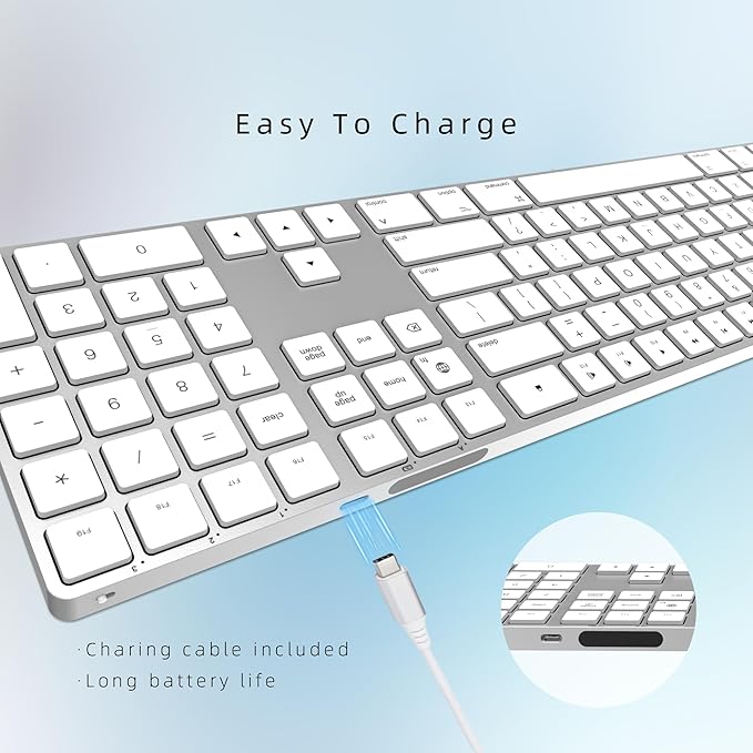 Bluetooth Slim Keyboard for Mac, Aluminum Rechargeable Keyboard Wireless, Low-Profile Silent Flat Key Compatible with Apple iMac, MacBook, Mac and iOS, Full Size - Silver White