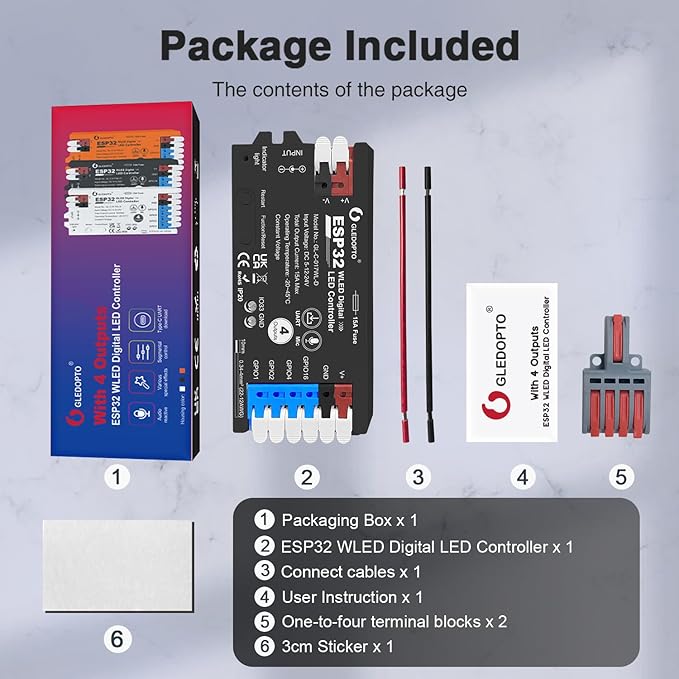 ESP32 WLED LED Strip Controller 4 Channel Outputs 15A Fuse Link TI Level Shifter UART Download DIY Dynamic Lighting Mode APP Control for Digital RGB IC WS2811 WS2812 WS2815 SK6812 etc