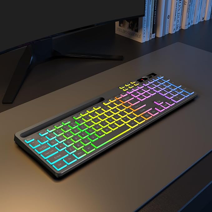 Soueto Wireless Keyboard with 7-Color RGB Backlit, Full-Size Computer Keyboard with Phone Tablet Holder, 2.4G Rechargeable Gaming Keyboard with Light Up Keys, Compatible with Mac, Windows (Grey)