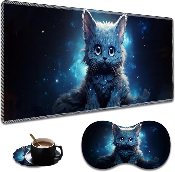 Extended Non-Slip Mouse Pad + Mouse Wrist Rest + Lace-Shaped Coaster Set, Ergonomic Design, Suitable for Desk and Home Gaming Table Mat, Galaxy Cat