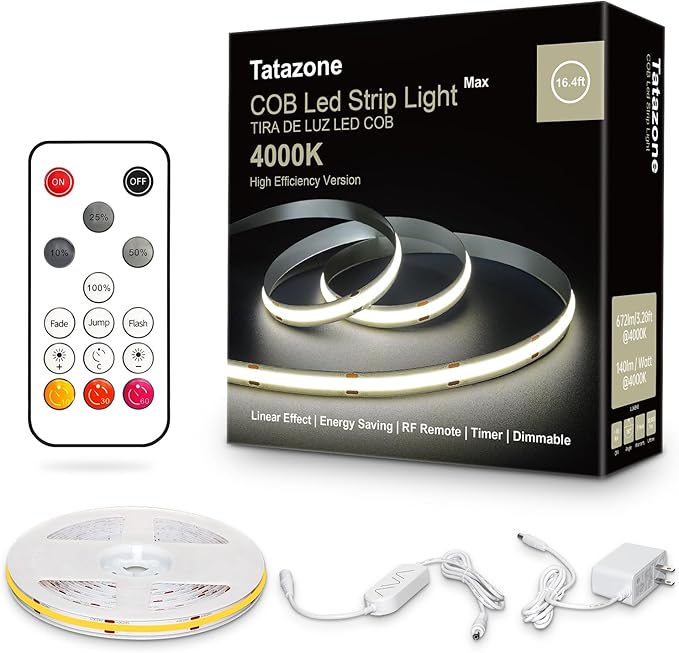 Tatazone White COB Led Strip Lights Max with RF Remote, 16.4ft 4000K CRI93+ Dimmable Ultra Bright Neutral White COB Light Strip, Indoor COB Led Lights for Mirror, Kitchen, Room, Cabinet, Closet