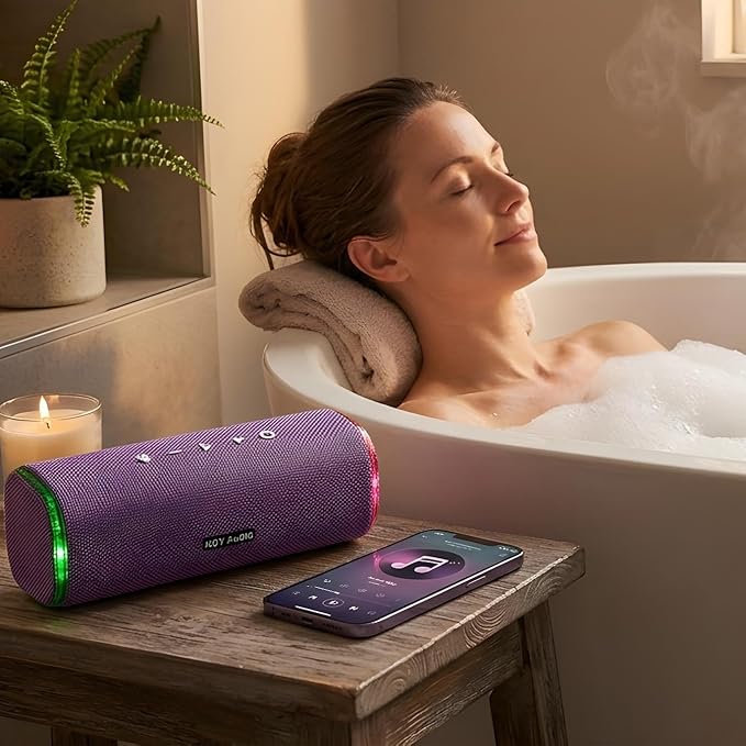 40W Bluetooth Shower Speaker, IPX7 Waterproof Floating Pool Speaker with Interactive Tap-to-Play Drum Beats, 25H Playtime, LED Lights, Built-in Mic for Hands-Free Calls in Bathroom, Purple