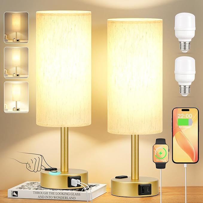 PartageiZ Gold Touch Table Lamps Set - 3 Way Dimmable Bedroom Lamps with USB C and A Ports, Small Lamps for Nightstand with AC Outlet, Gold Base Round Flaxen Shade for Desk, Office, Dorm, Nursery