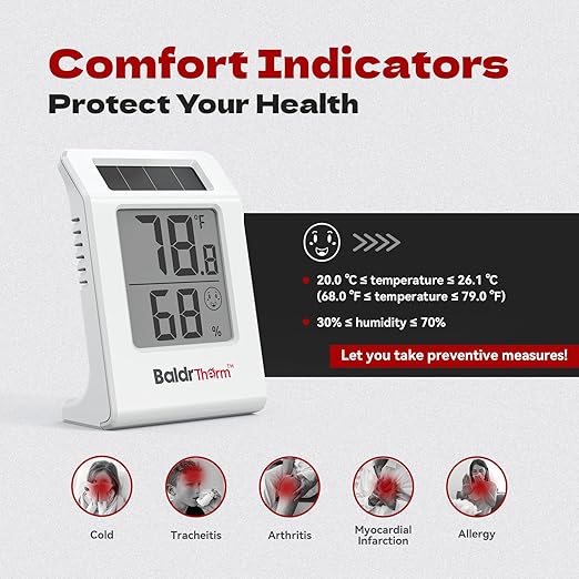 BaldrTherm 2.2'' Digital Thermometer and Hygrometer Meter, Solar-Powered Indoor Temperature Sensor Humidity Monitor, Humidity Gauge for Baby Rooms, Bedrooms, Home, Office, and Wine Cellars, 1Pack