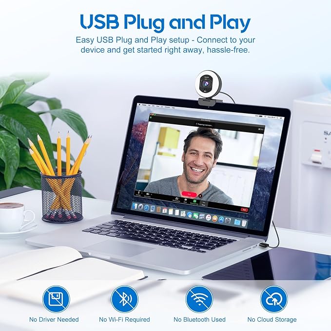 4K Webcam with Ring Light Web Cam 4K Autofocus with TOF Computer Camera 1080P 60FPS Web Camera Built-in Privacy Cover and Microphone Streaming Webcams for Zoom/Skype/Google Meet