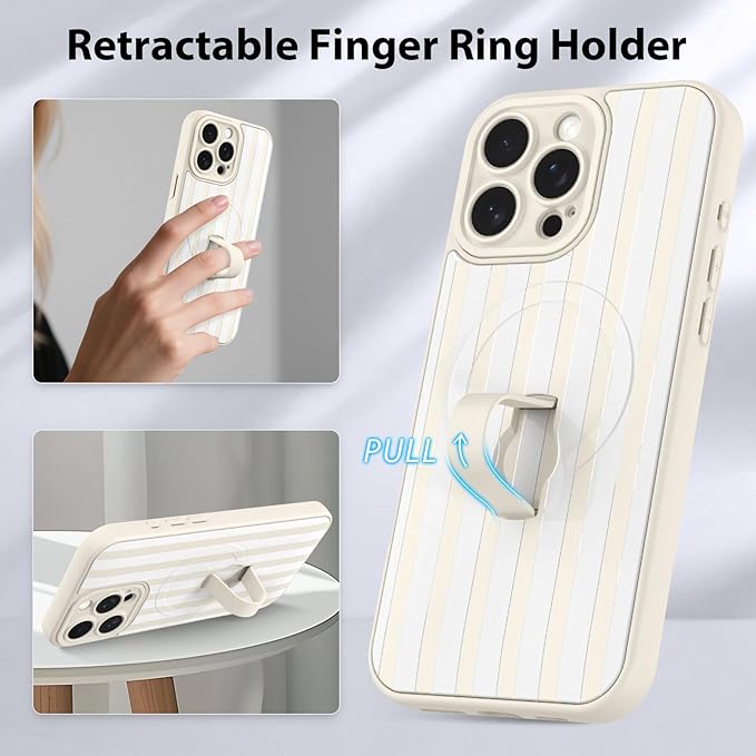 KANGHAR Compatible with iPhone 16 Pro Case, Support for MagSafe, Silicone Stripes Cute Pattern, Wristband Kickstand Camera Protection Soft Slim Cover for Girls Women -White
