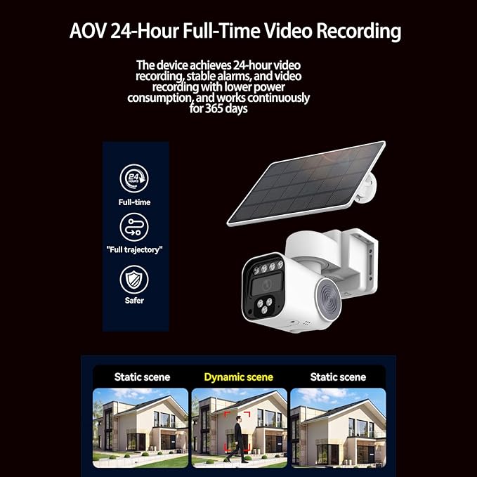 7W Solar 4G Security Cameras Wireless Outdoor, AOV 24/7 Recording Cameras for Home Security, 360° View, 2K Color Night Vision, 2-Way Talk, NO WiFi, Auto Tracking