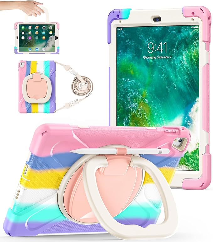 BATYUE Case for iPad 6th Generation 9.7 inch 2018, iPad 5th Gen 2017, iPad Air 2/ iPad Pro 9.7'',Shockproof Protective Cover with Pencil Holder &Rotating Bracket &Shoulder Strap (Colourful Pink)