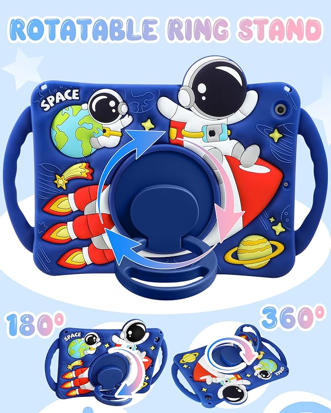 Boaretiu for iPad 9th/8th/7th Generation Case 10.2 Inch 2021/2020/2019 - Cute Boys Cartoon Soft 3D Astronaut Spaceship Silicone with Strap & Rotating Stand for Girls Teens Tablet Cover for iPad 9/8/7