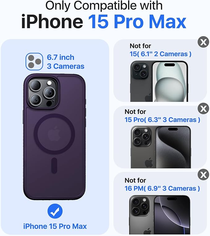 Magnetic for iPhone 15 Pro Max Case[Compatible with MagSafe][Military-Grade Drop Protection][Anti-Yellowing] Shockproof Translucent Matte Cover for iPhone 15 Pro Max Phone Case,Deep Purple