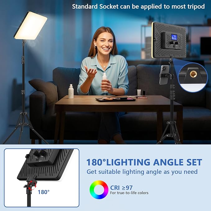 Led Video Light Panel Lighting Kit, QEUOOIY 2-Pack Bi-Color Photography Lighting with 63'' Tripods Stand, Built-in 8000mAh Battery, 2500-8500K Studio Light for Live Streaming/Outdoor Indoor/Tiktok