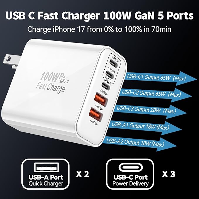 100W GaN USB C Charger Block,5-Port Type C Wall Charger Fast Charging, PD Power Adapter+QC Plug Multiport Type C Box Brick Cube Compatible with Apple iPhone 17 Air 16 15 14 13 12 Pro Max,MacBook,iPad