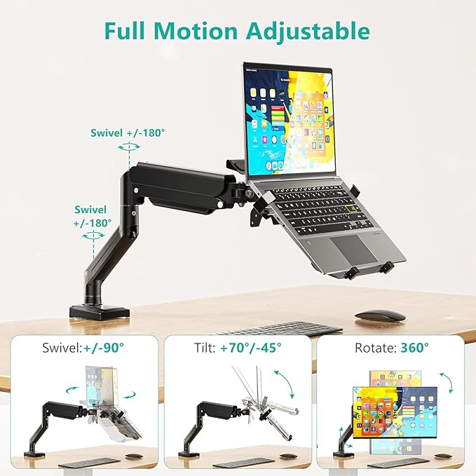 WALI Single Arm Laptop and Monitor Desk Mount for 17" Notebook and Up to 32" Screen, 2-in-1 Adjustable Monitor Arm with Laptop Tray, VESA 75x75 100x100,Holds 22-26.4 lbs, Black (GSMP001NLP)