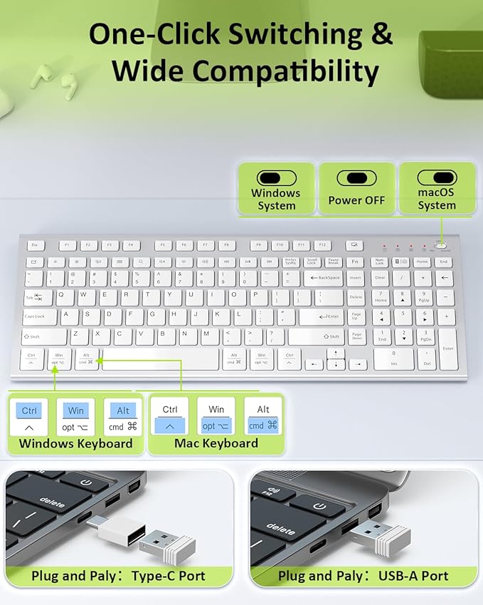FENIFOX Wireless Silent Keyboard, Ultra Quiet USB C Low Profile Compact Full Size with Number Pad Flat Slim Thin Soft Touch for Mac Computer MacBook iMac PC Laptop Desktop Office (White and Silver)