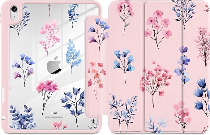 Case for iPad Air 11 inch M4 2026 M3 2025 M2 2024 Release with Pencil Holder Clear Back Shell Pink Lightweight Shockproof TPU Edge Trifold Stand Auto Wake Sleep Cute Cover, Hand-Drawn Florals